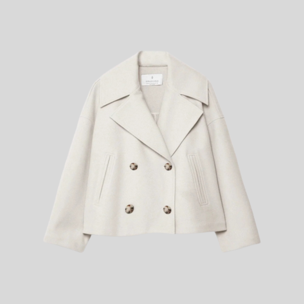 Damski krótki płaszcz pea coat – dwurzędowy płaszcz z mieszanki wełny
