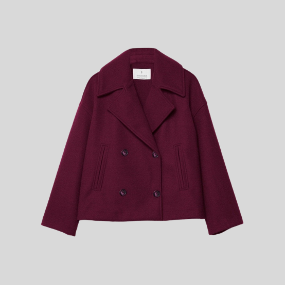 Damski krótki płaszcz pea coat – dwurzędowy płaszcz z mieszanki wełny