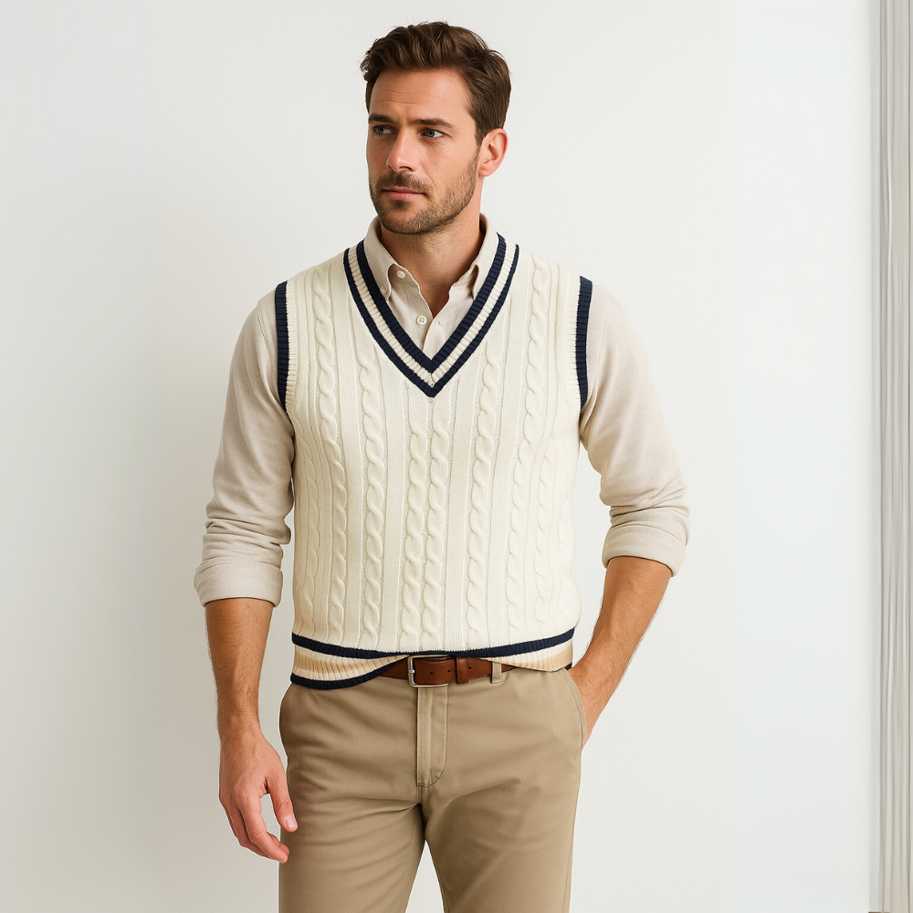 Męska sweter kamizelka – klasyczna v-neck bezrękawowa dzianina