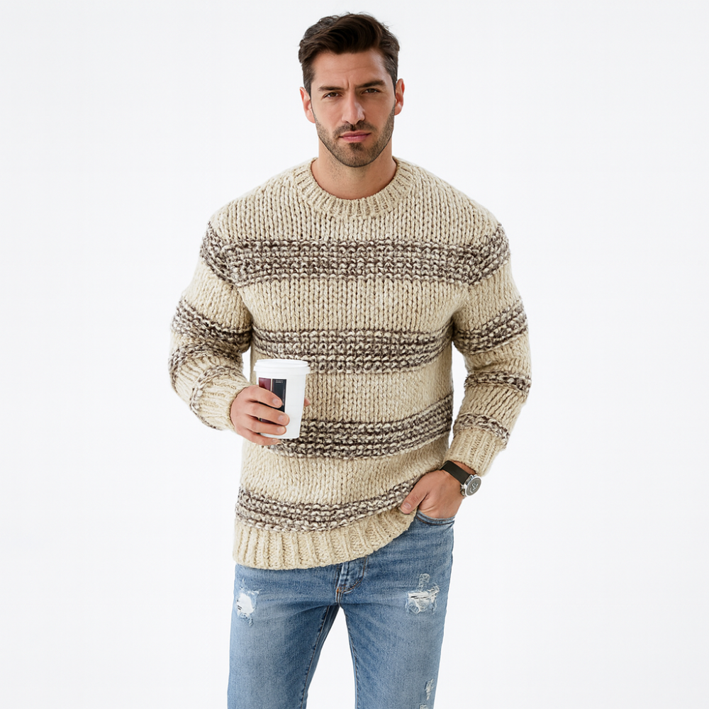 Męski pasiasty dziany sweter – casualowy codzienny pulower