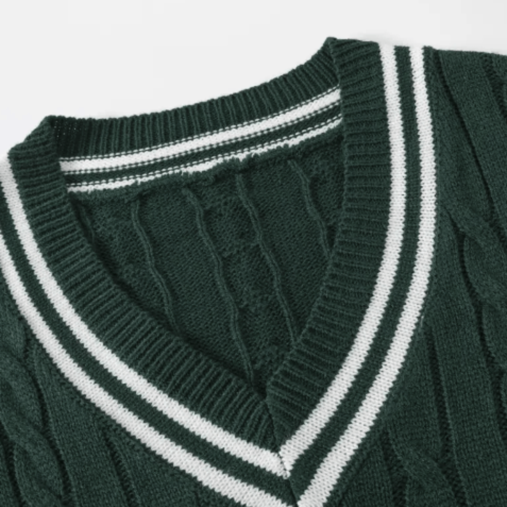 Męski dziany sweter – stylowy v-neck z pasiastym kołnierzem