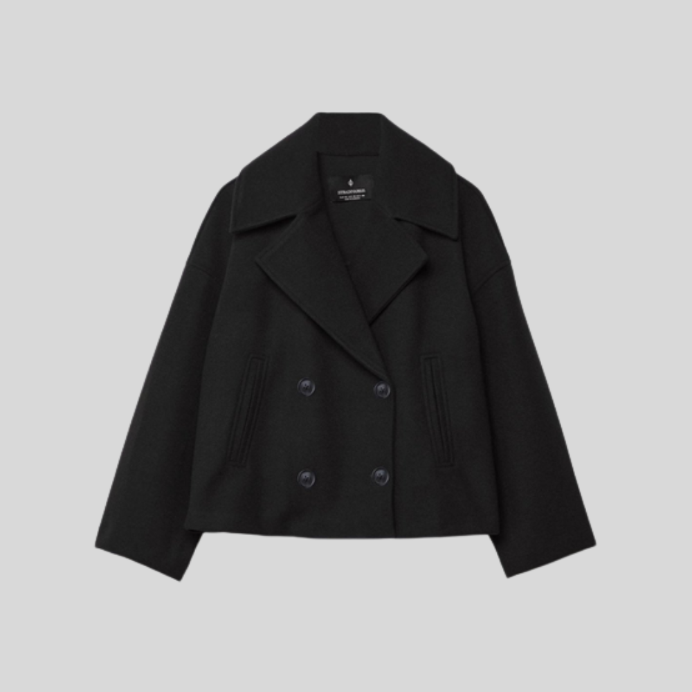 Damski krótki płaszcz pea coat – dwurzędowy płaszcz z mieszanki wełny
