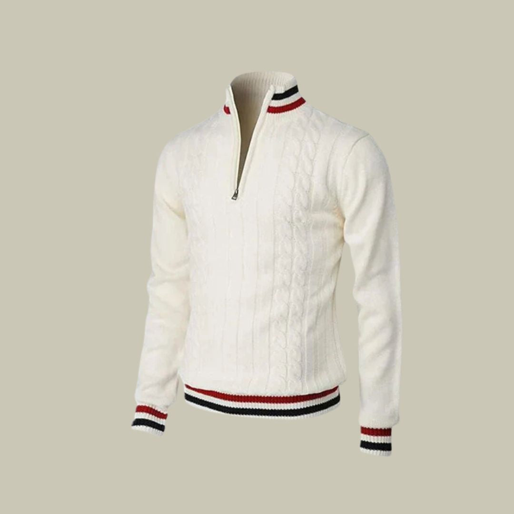 Męski zip-up sweter – klasyczna dzianina z kolorowym kołnierzem
