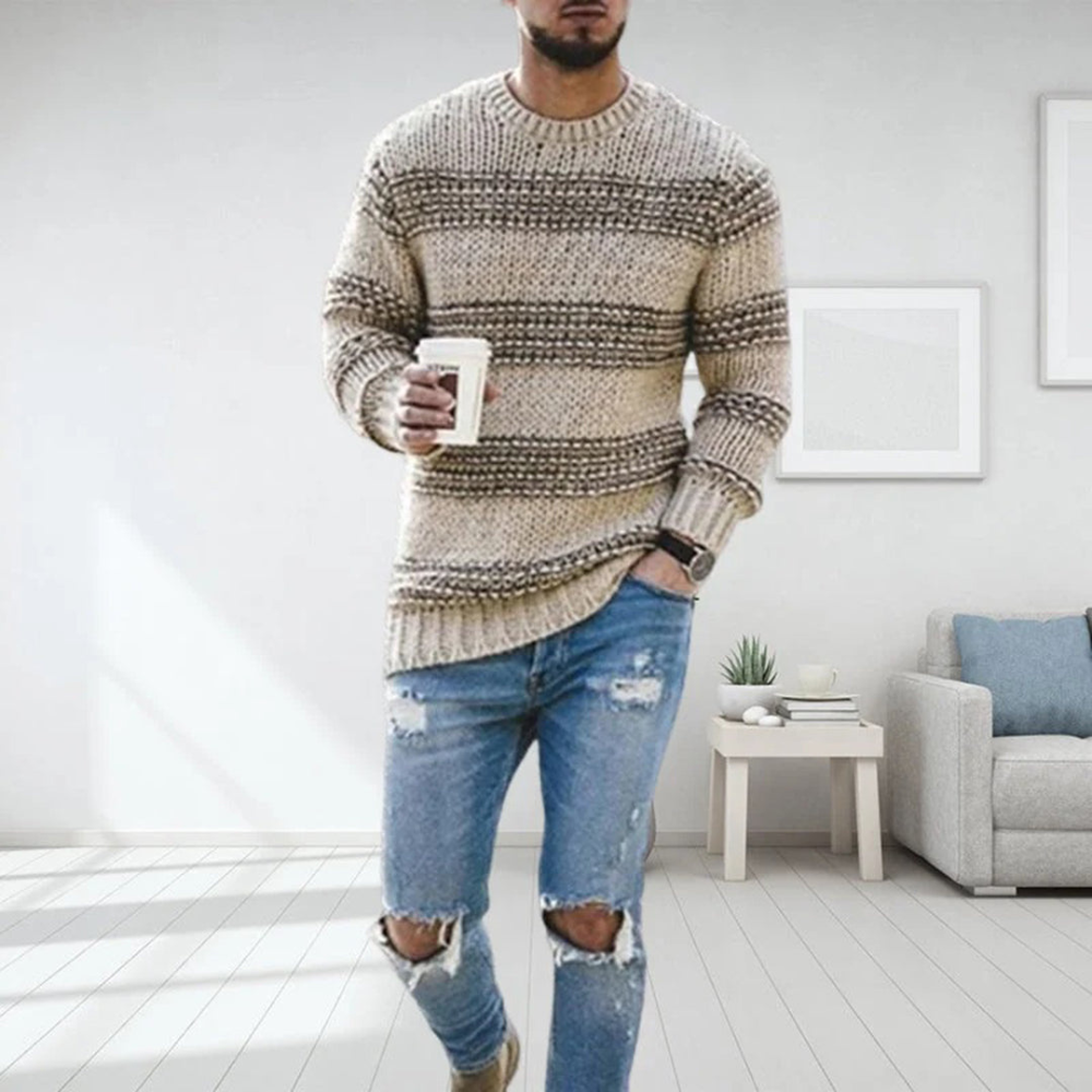 Męski pasiasty dziany sweter – casualowy codzienny pulower