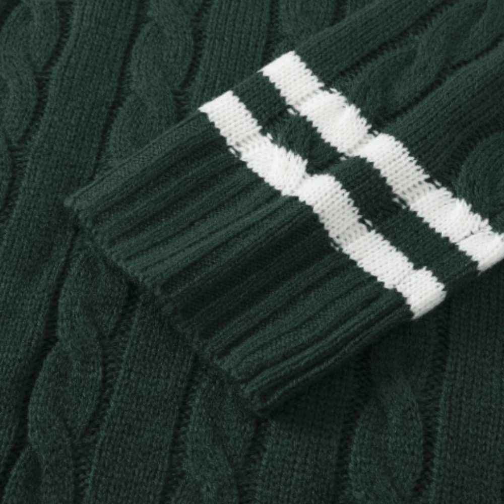 Męski dziany sweter – stylowy v-neck z pasiastym kołnierzem