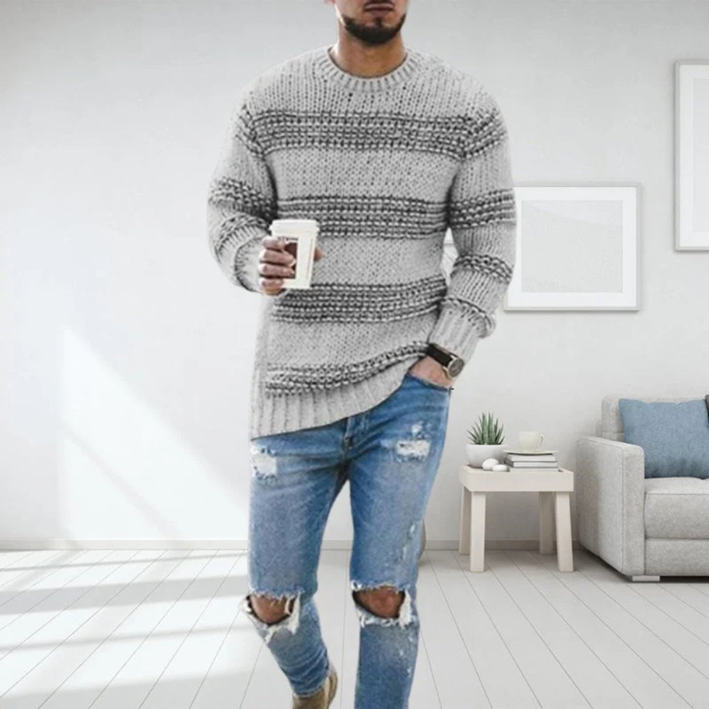 Męski pasiasty dziany sweter – casualowy codzienny pulower