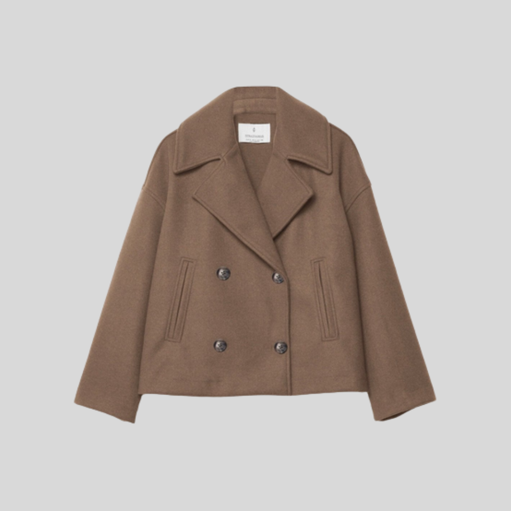 Damski krótki płaszcz pea coat – dwurzędowy płaszcz z mieszanki wełny