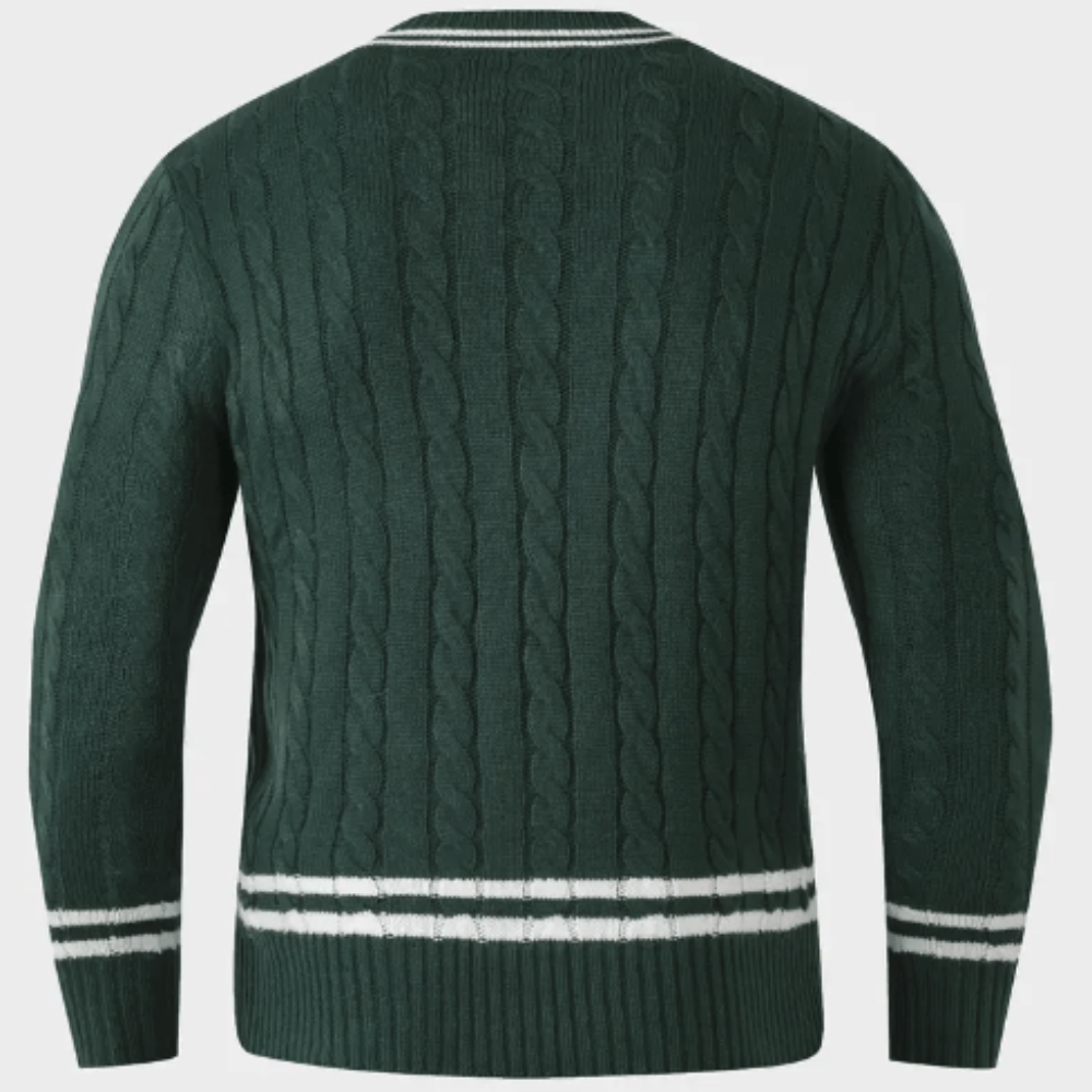 Męski dziany sweter – stylowy v-neck z pasiastym kołnierzem