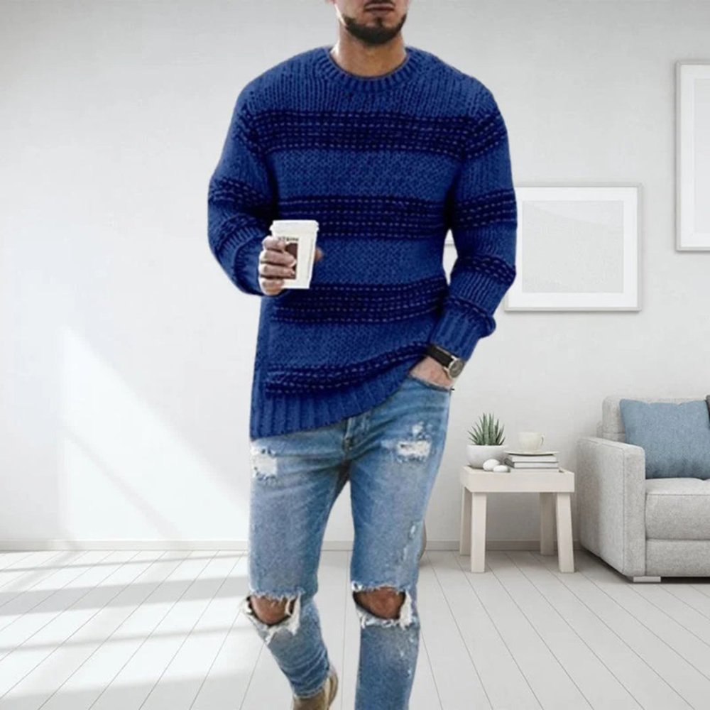 Męski pasiasty dziany sweter – casualowy codzienny pulower