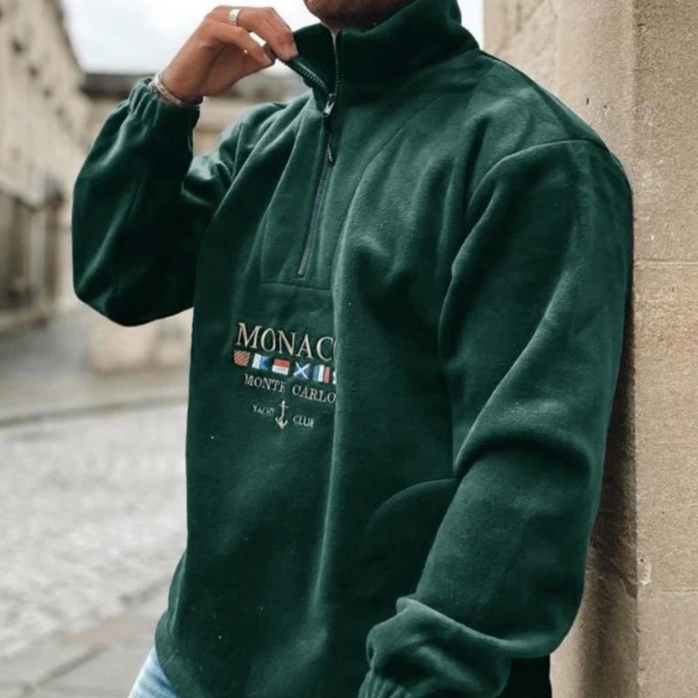 Męski half-zip polar – casualowy pulower z nadrukiem graficznym