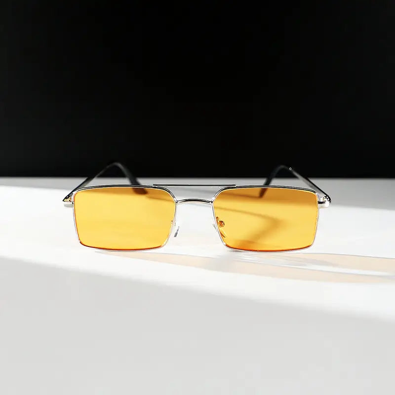 Vemiera | Okulary męskie z metalową oprawą – Wąska podwójna łukowa konstrukcja, pomarańczowe szkła, styl retro