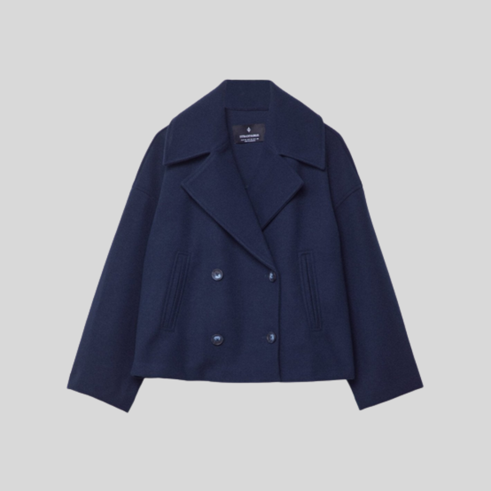Damski krótki płaszcz pea coat – dwurzędowy płaszcz z mieszanki wełny