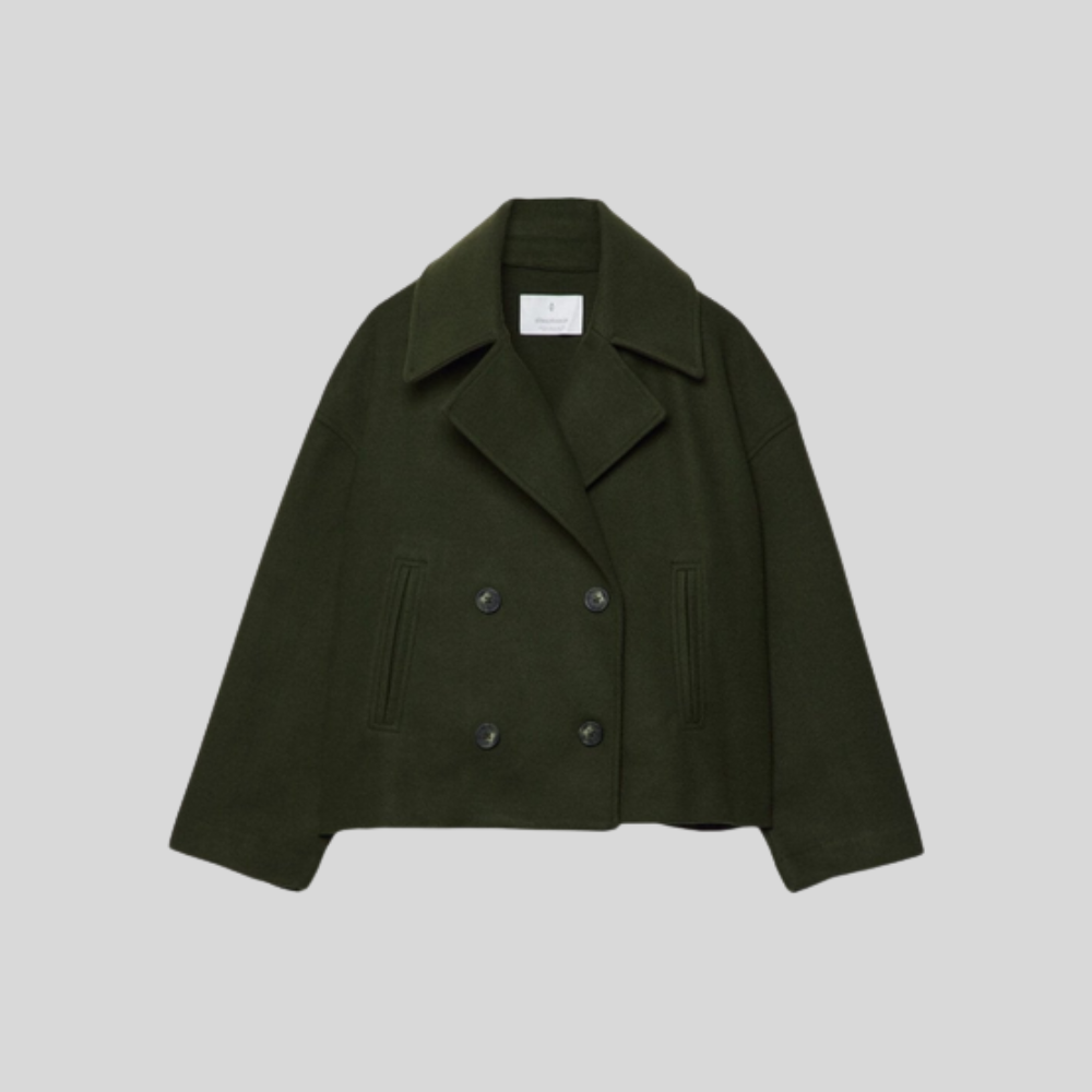 Damski krótki płaszcz pea coat – dwurzędowy płaszcz z mieszanki wełny